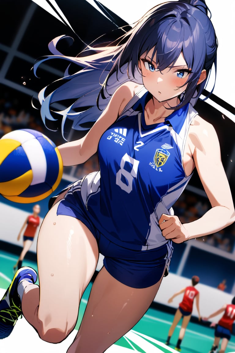 1girl, blue shorts, collarbone, legs, long hair, playing sports, shorts, sleeveless, sportswear, thighs, volleyball, volleyball uniform, masterpiece, best quality, very aesthetic, absurdres