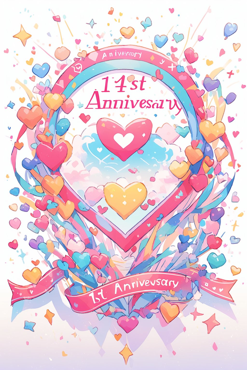 Beautiful heart logo design, unique and gorgeous blessing, decorative text:’’Tensor Art’’, text:’’1st Anniversary’’