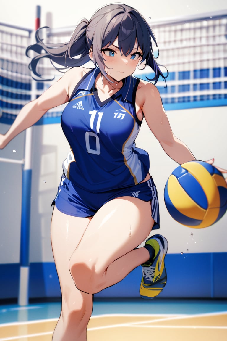 1girl, blue shorts, collarbone, legs, hair, playing sports, shorts, sleeveless, sportswear, thighs, volleyball, volleyball uniform, masterpiece, best quality, very aesthetic, absurdres