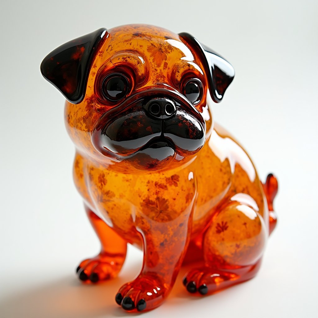 OP Art Style, Stunning cute pug glass statue, Marvelous curves made of blown glass, autumn color palette, amazing reflections of light, subsurface shattering