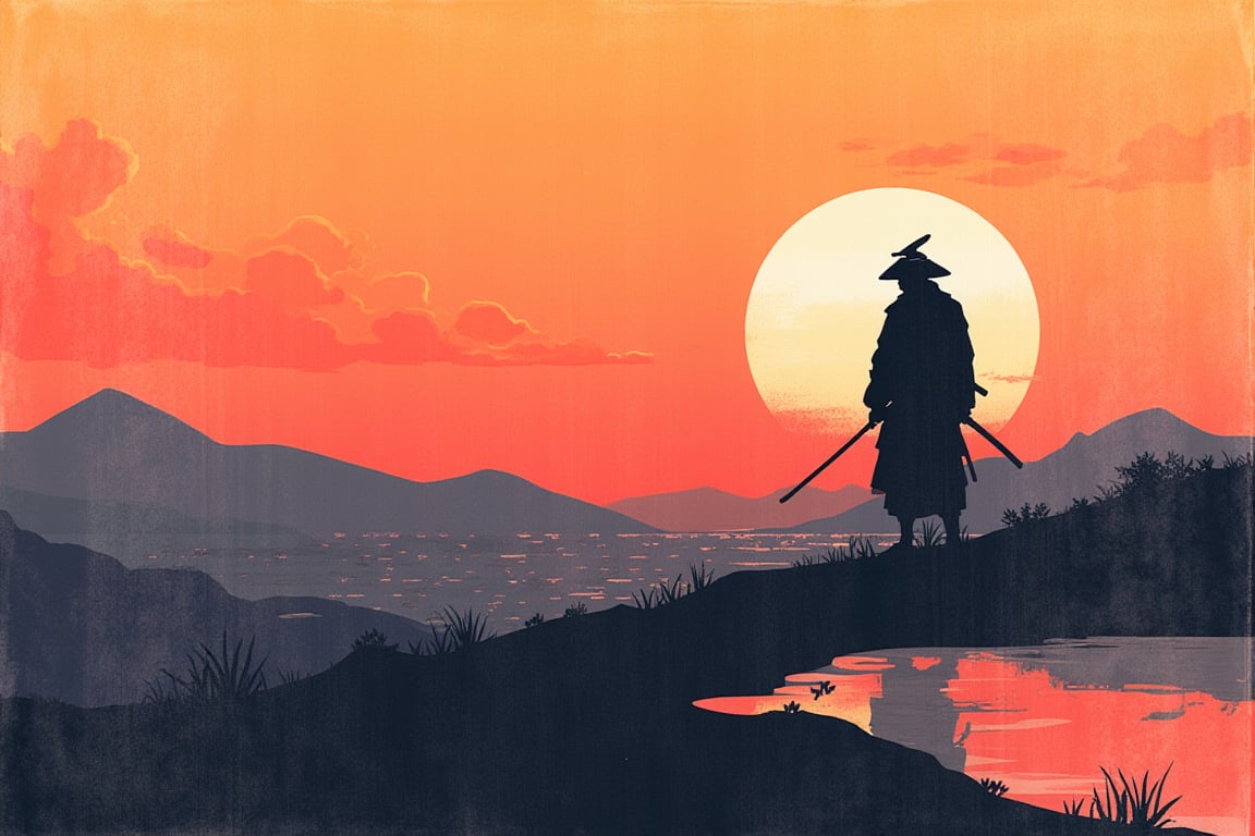 geometric abstraction, hyperminimal, a lone samurai at the sunset , graffiStyle , ukiyoe ,amaterasu