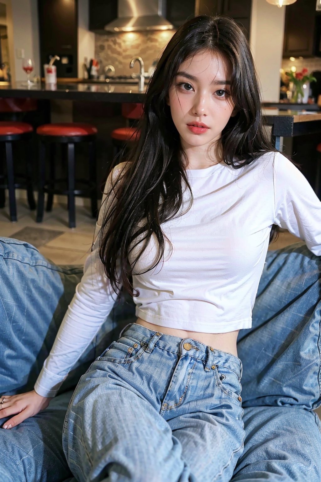 1girl, red lipstick,  , Cohen,  , BFShirt, Long BFShirt, lying on a sofa, tight blue jeans, white shirt,, (realistic:1.5), masterpiece, best quality, highres:1.2, ultra_detailed, UHD:1.2, perfect female figure, sharp focus,masterpiece,Realism,clothing,European realistic face, realistic face details, Real face skin texture, detailed face,fashion_girl, real perfect limbs, real perfect anatomy, ,better_hands,Asian