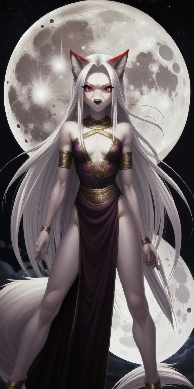 small chest, sexy, girl, long hair, disheveled hair, white hair, red eyes, beautiful eyes, detailed eyes, detailed face, freckles, magenta skin, magenta fur, anthropomorphic, wolf furry, tail, middle eastern dress, fit, toned, menacing, full moon, action pose, sfw, 