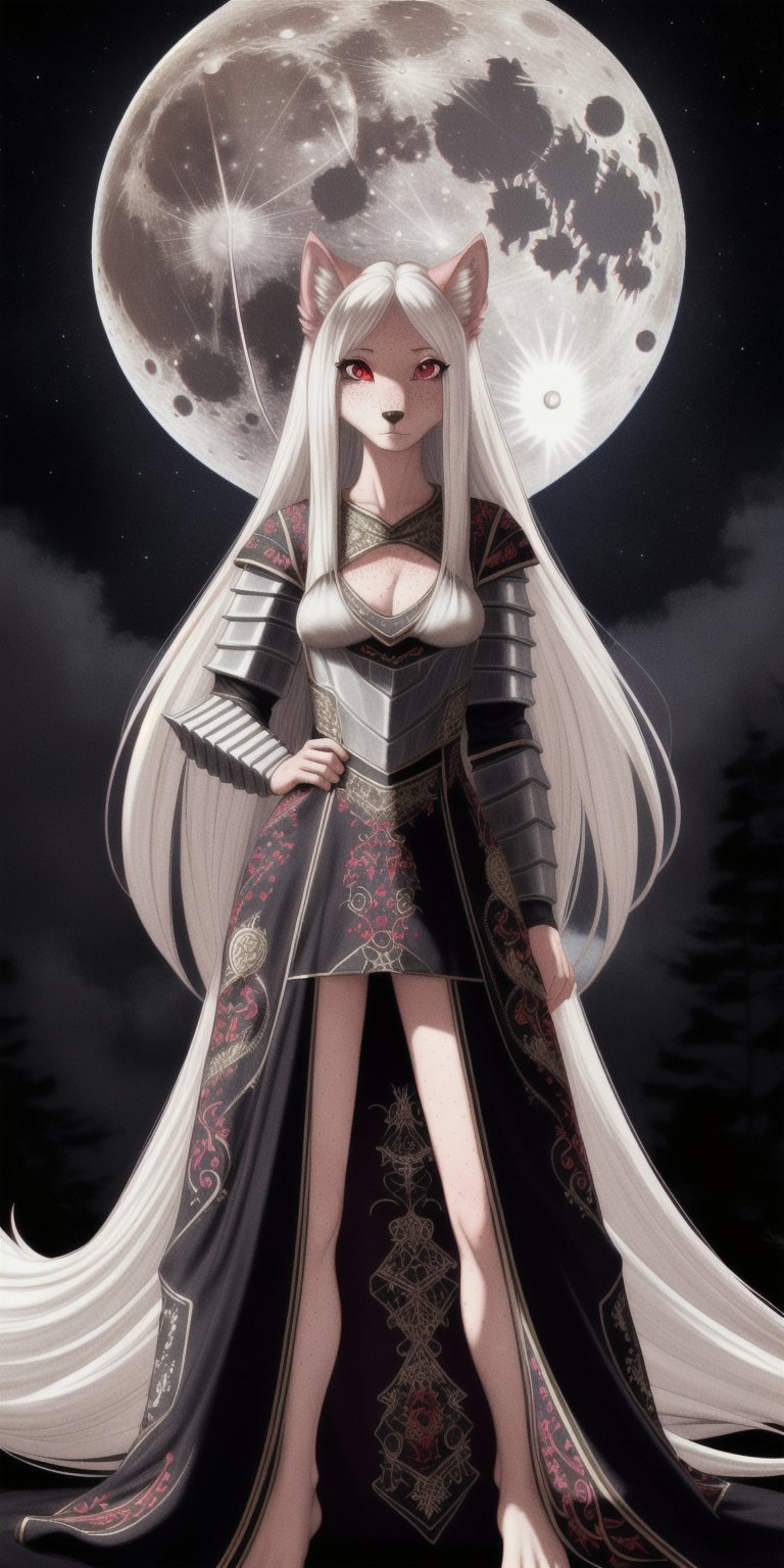 tiny titties, sexy, girl, long hair, disheveled hair, white hair, red eyes, beautiful eyes, detailed eyes, detailed face, freckles, pink fur, anthropomorphic, wolf furry, tail, armored middle eastern dress, embroidered dress, full moon, action pose, fit, toned