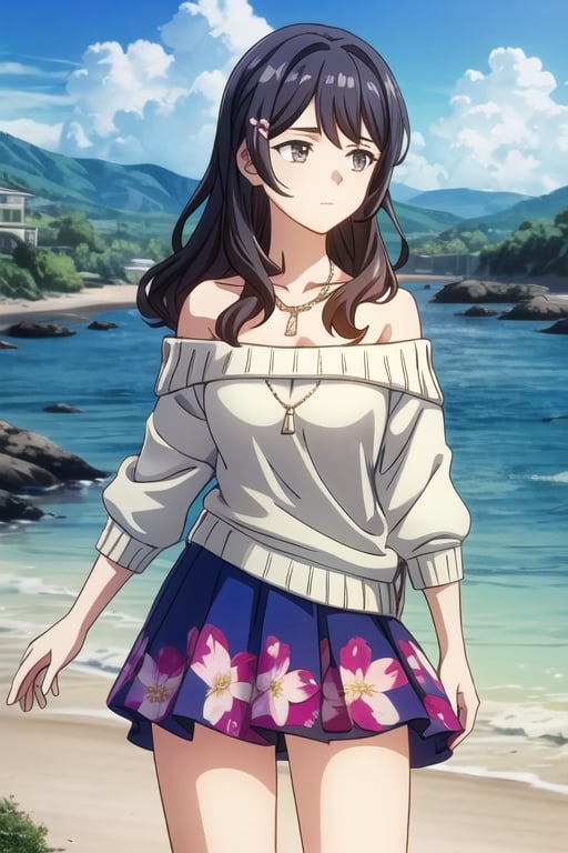 Girl, cinematic lighting, anime screencap, best quality, 

Floral Print Mini Skirt, Off-Shoulder Knit Sweater, Loose Beach Waves, Flower Hairpin, Layered Necklaces

Over-the-Shoulder Shot, Side View, Looking Out Over Landscape, Contemplative Pose:
The camera peers over the subject's shoulder as she stands atop a hill, gazing thoughtfully into the distance. Her posture is relaxed, one hand resting on her hip while the other cradles her chin. The landscape stretches beyond her, evoking a sense of introspection.