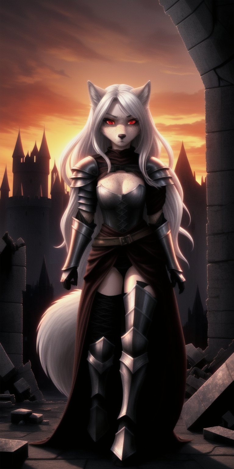 small chest, sexy, girl, long hair, disheveled hair, white hair, red eyes, beautiful eyes, detailed eyes, detailed face, freckles, pink fur, anthropomorphic, wolf furry, tail, rogue-like armor, fit, toned, fiery aura, cinematic lighting, best quality, scenery, crumbling ruins, gothic castle, sunset