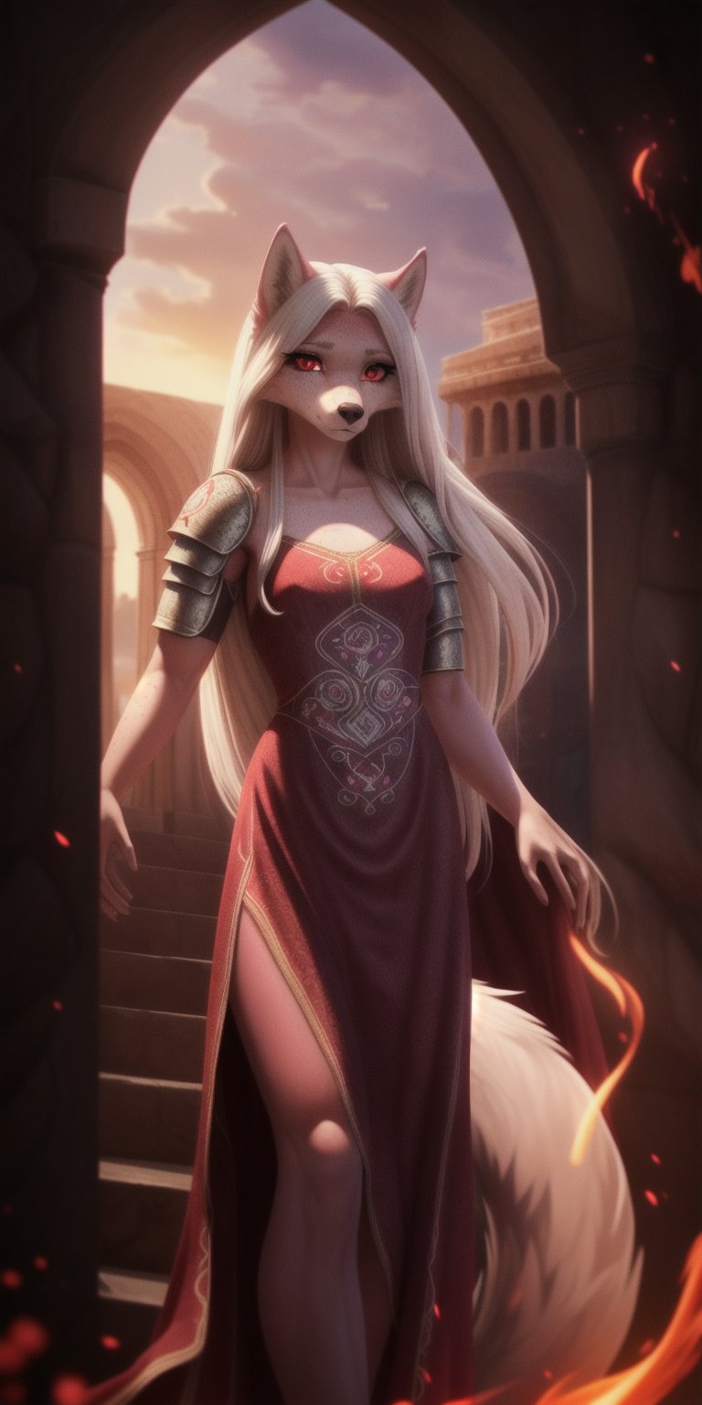 tiny titties, sexy, girl, long hair, disheveled hair, white hair, red eyes, beautiful eyes, detailed eyes, detailed face, freckles, pink fur, anthropomorphic, wolf furry, tail, middle eastern dress, embroidered dress, armored dress, fit, toned, fiery aura, cinematic lighting, best quality, scenery