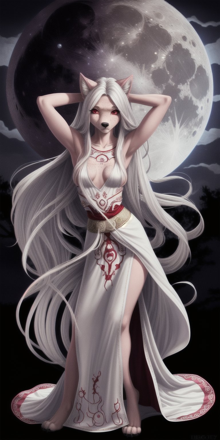 tiny titties, sexy, girl, long hair, disheveled hair, white hair, red eyes, beautiful eyes, detailed eyes, detailed face, freckles, pink fur, anthropomorphic, wolf furry, tail, armored middle eastern dress, embroidered dress, full moon, action pose, fit, toned