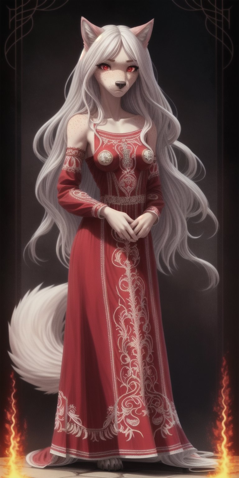 tiny titties, sexy, girl, long hair, disheveled hair, white hair, red eyes, beautiful eyes, detailed eyes, detailed face, freckles, pink fur, anthropomorphic, wolf furry, tail, middle eastern dress, lightly armored, embroidered dress, fit, toned, fiery aura