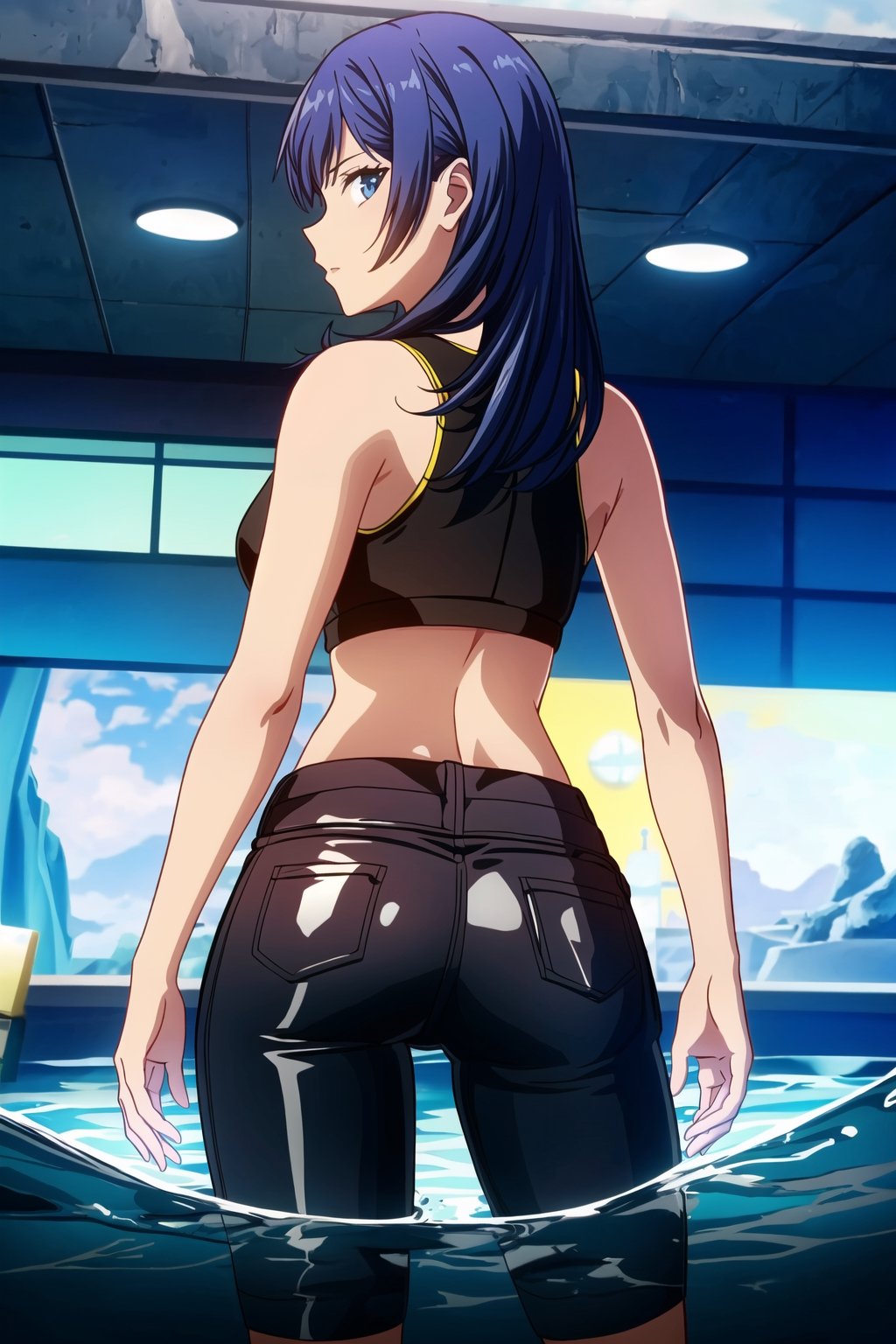 Girl, cinematic lighting, anime screencap, best quality, expressive eyes, detailed face, (((cowboy shot, legs open, dynamically posing, view from behind))), partially submerged, sexy, looking back at viewer

High-Waisted Black Leather Pants, Cropped Mesh Tank Top