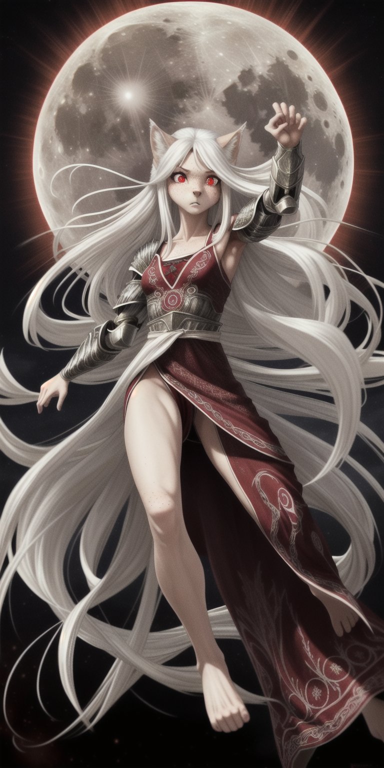 small chest, sexy, girl, long hair, disheveled hair, floating hair, white hair, red eyes, beautiful eyes, detailed eyes, detailed face, freckles, fur, anthropomorphic, wolf furry, tail, crimson middle eastern dress, embroidered dress, armored dress, fit, toned, menacing, full moon, action pose, sfw