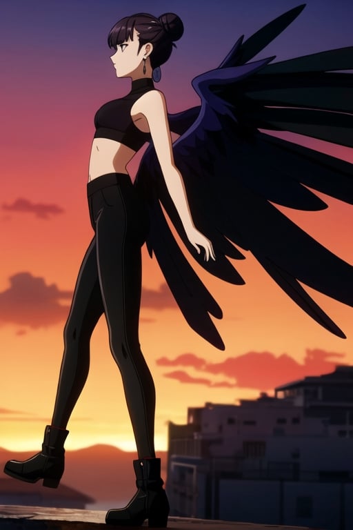 Girl, cinematic lighting, anime screencap, best quality, 

Faux Leather Leggings, Velvet Crop Top, Sleek Low Bun, Statement Earrings, Chunky Ankle Boots

Profile Shot, Silhouette Against Sunset, Arms Outstretched, Dramatic Pose:
The camera captures the subject in profile against a vibrant sunset. Her arms are stretched wide open, fingers splayed like wings. The outline of her figure against the backdrop creates a striking and dramatic visual.