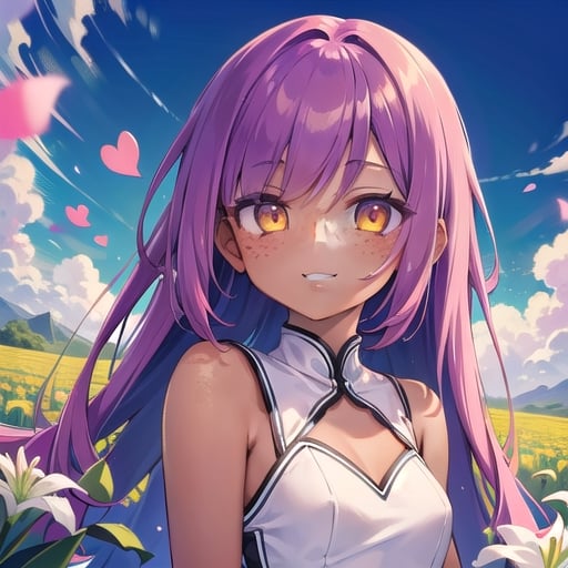 (masterpiece), best quality, expressive eyes, perfect face, hyper detailed, Beautiful, insanely detailed, very long hair, purple hair, disheveled hair, parted bangs, eroge, floating hair, yellow eyes, glowing eyes, freckles, dark skin, anime shading, cinematic, cinematic lighting, scenery, small boobs, girl, cute face, smiling, sfw, perfect anatomy, detailed face, detailed eyes, glowing eyes, sitting, valentines day, super cute dress, fully clothed, head shot, detailed face, floating hearts, love, pink aura, pink fog, scenery, hearts everywhere, adult, flower field, lily field, lillies

Anime shading, Pink highlights, red shadows,Pixel art