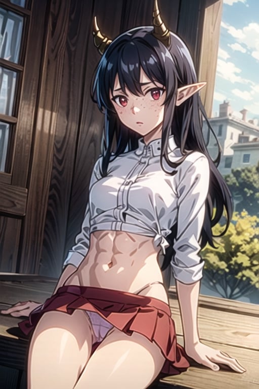 anime screencap, cowboy shot, scenery, cinematic lighting, sitting, legs open, medium breasts, cameltoe, bodycon dress, upskirt, expressive panties, freckles, elf ears, tiny demon horns, tight midriff shirt, abs, expressive eyes, red eyes, black hair, long hair, disheveled hair, view from below, tavern

1girl

