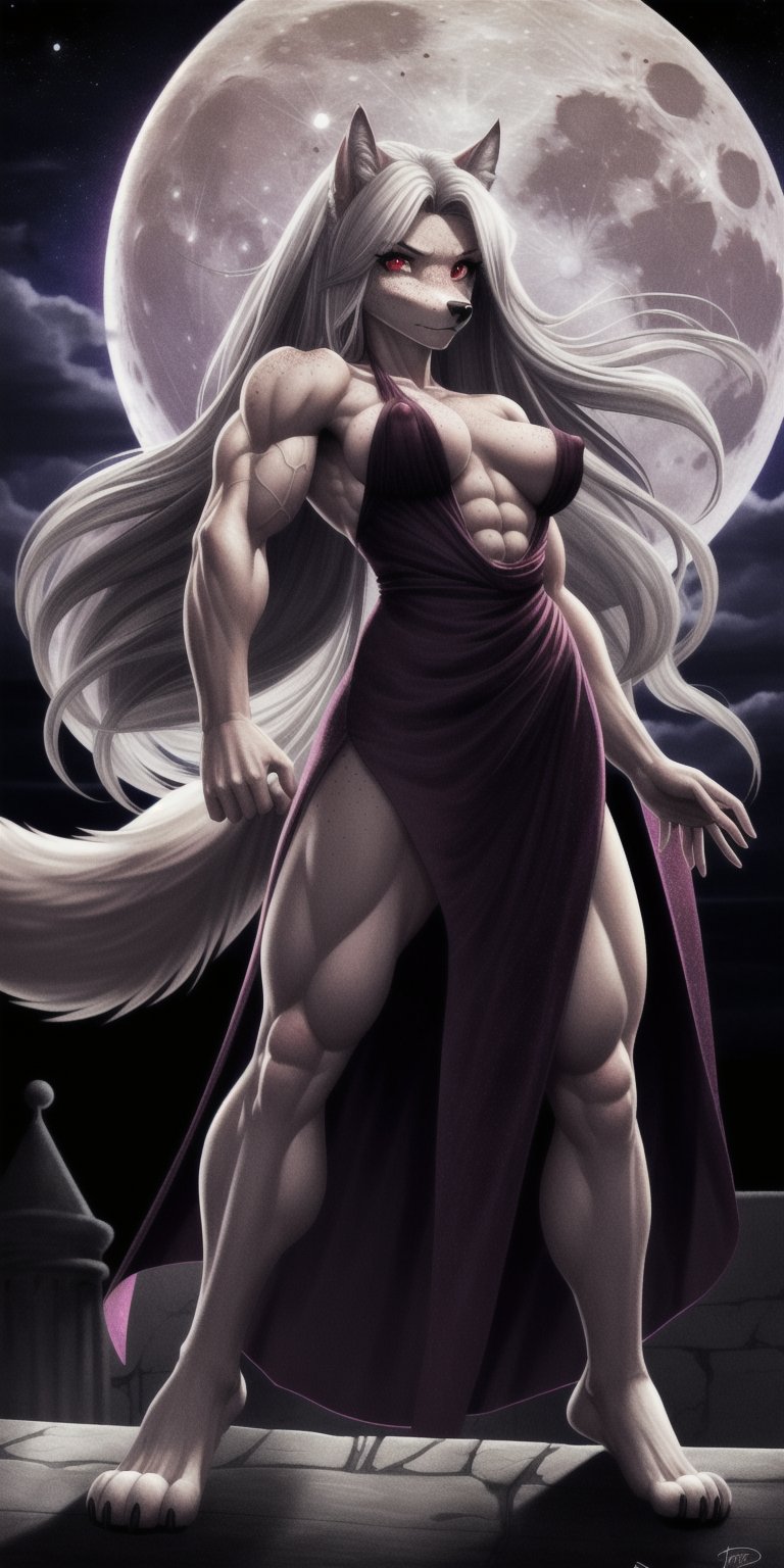 tiny titties, sexy, girl, long hair, disheveled hair, white hair, red eyes, beautiful eyes, detailed eyes, detailed face, freckles, magenta fur, anthropomorphic, wolf furry, tail, middle eastern dress, muscular, fit, toned, menacing, full moon, action pose, sfw, 