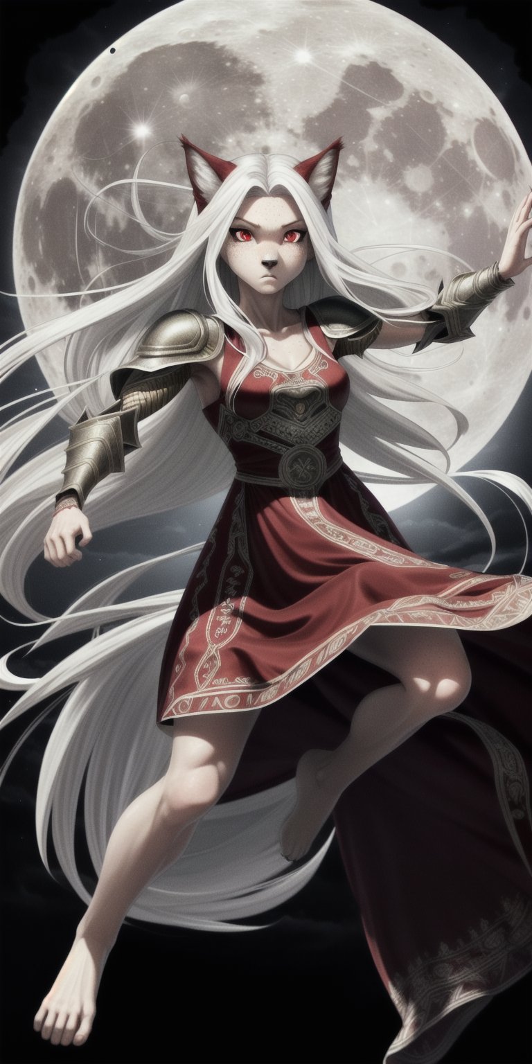 small chest, sexy, girl, long hair, disheveled hair, floating hair, white hair, red eyes, beautiful eyes, detailed eyes, detailed face, freckles, fur, anthropomorphic, wolf furry, tail, crimson middle eastern dress, embroidered dress, armored dress, fit, toned, menacing, full moon, action pose, sfw