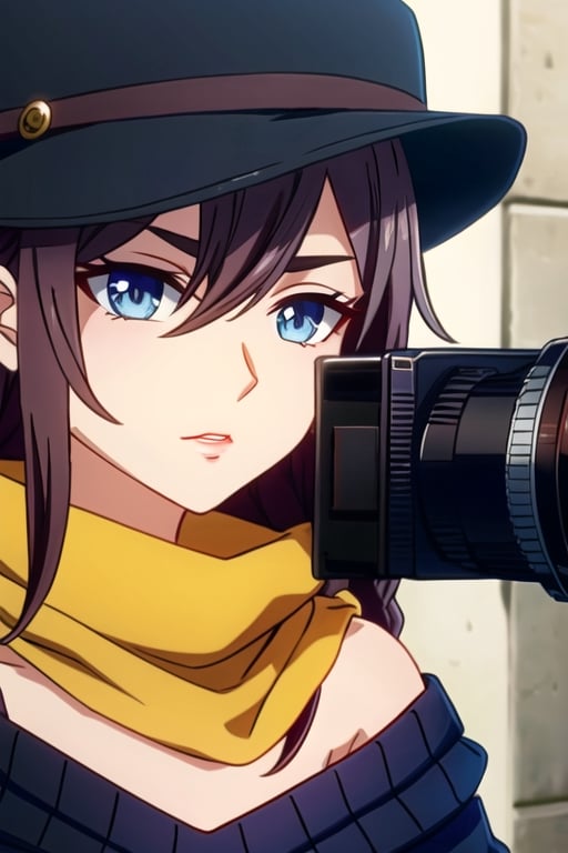 Girl, cinematic lighting, anime screencap, best quality, 

High-Rise Corduroy Shorts, Slouchy Off-Shoulder Sweater, Textured Side Braid, Wide Brim Hat, Patterned Scarf

Extreme Close-up, Front View, Intense Gaze, Focused Concentration:
The camera focuses tightly on the subject's face, capturing her intense gaze and focused expression. Every detail of her eyes, brows, and lips is visible, emphasizing her unwavering concentration.