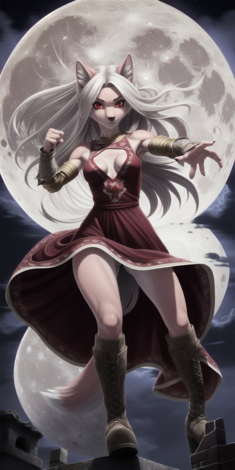 tiny titties, sexy, girl, long hair, disheveled hair, white hair, red eyes, beautiful eyes, detailed eyes, detailed face, freckles, pink fur, anthropomorphic, wolf furry, tail, middle eastern dress, scaled gauntlets, plated boots, embroidered dress, full moon, action pose, fit, toned