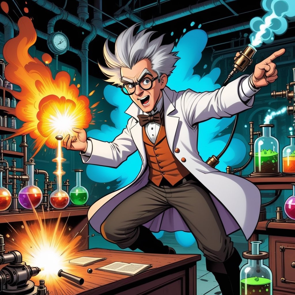 cartoonish style, a mad scientist making explosive experiences in a laboratory, steampunk, highly detailed, well rendered, (caricature:0.8), comic book, vibrant