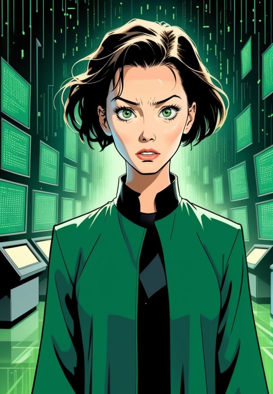 score_9, score_8_up, score_7_up, Matrix movie scene, a beautiful scientist is afraid,Comic Book-Style 2d