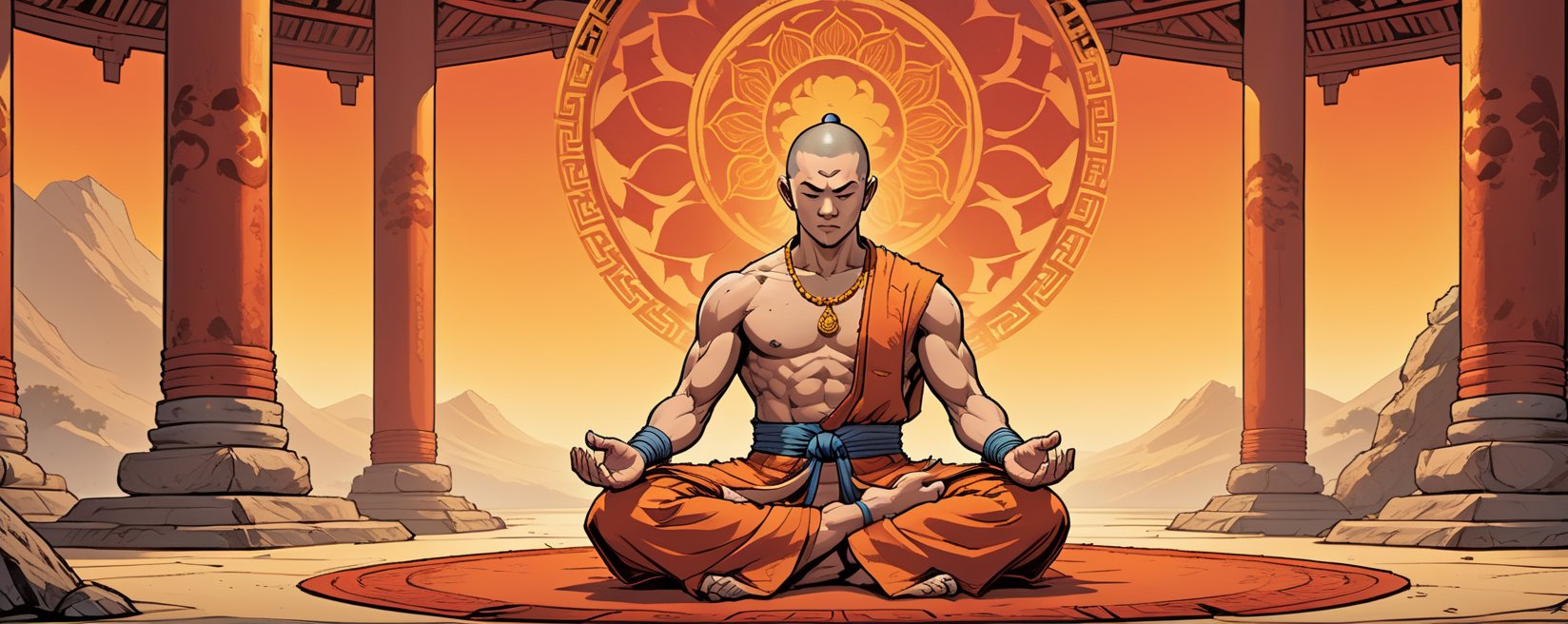 A Shaolin monk meditating, lotus position, a mandala in the background, modern comic book illustration, graphic illustration, comic art, graphic novel art, vibrant, highly detailed, in the style of lanfeust of troy, art by Didier Tarquin