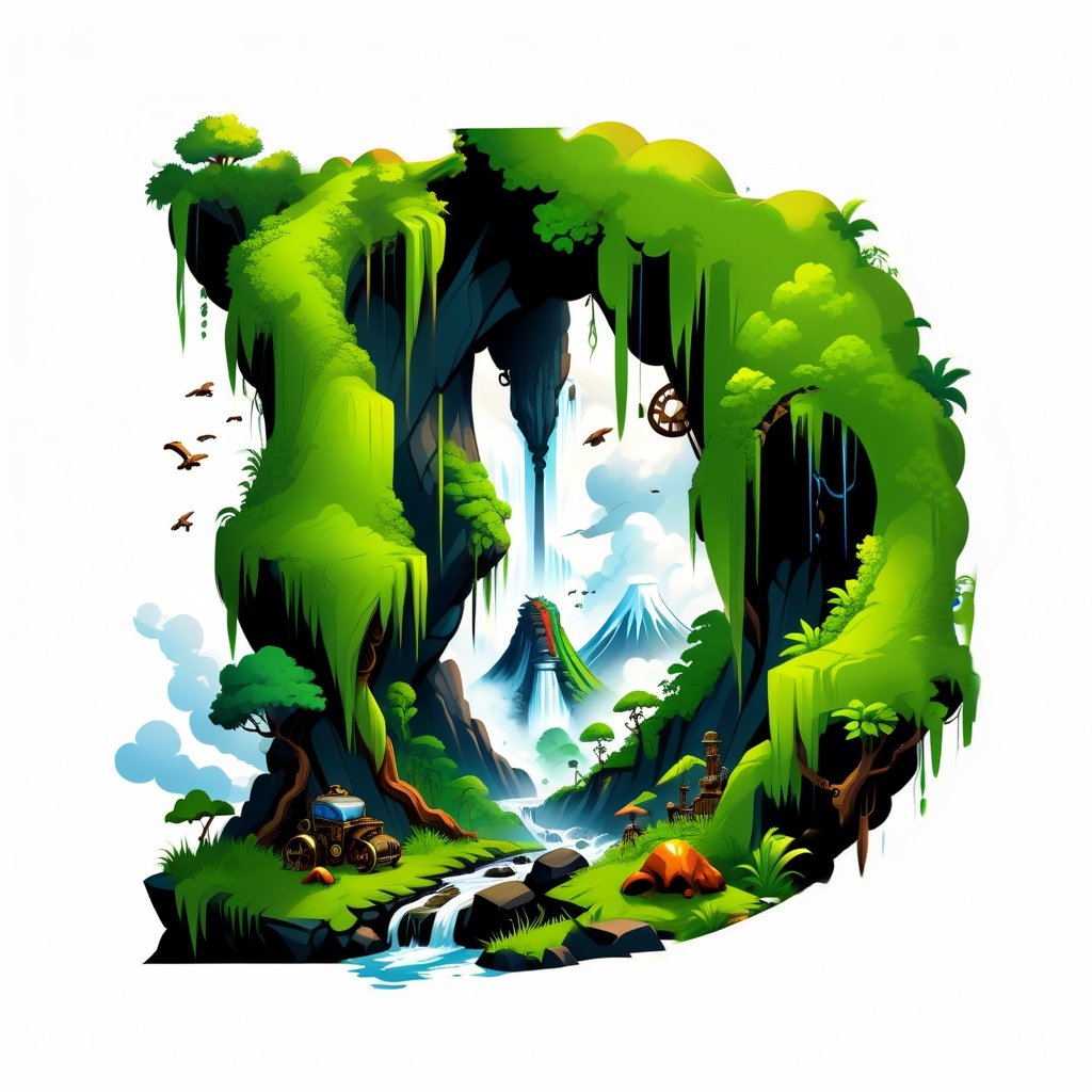 STEAMPUNK ART, JUNGLE concept, water FALLS,  tree,  clouds, GRASS, ROCKS, MOUNTAINT, VOLCANO, ANIMALS, DESIGN FOR T SHIRT PRINTING,  cartoons, 3D MODEL, concept,disney pixar style