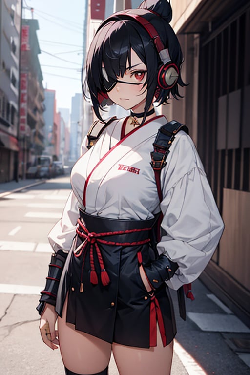 Samurai A girl with black hair, two-tone hair, short haircut, red eyes, (eyepatch), piercings, expressionless face, (wearing large headphones), choker, (heavy Samurai_armor), a miniskirt, (standing facing forward), in front of a deserted ruin.cowboy_shot, (view straight on), very fine 8KCG wallpapers, very fine 8K CG wallpaper, very precise detailed