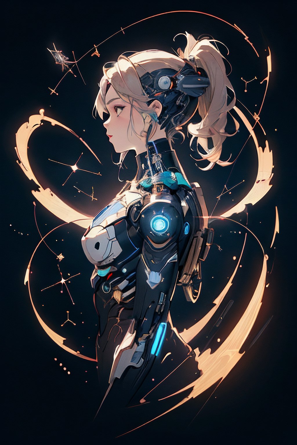 constellation,Gemini,solo girl,zodiac background,profile,cyborg,cyborg style,android,
super fine illustration,perfect anatomy,(masterpiece,ultra quality,ultla highres,32k,intricate detailed),