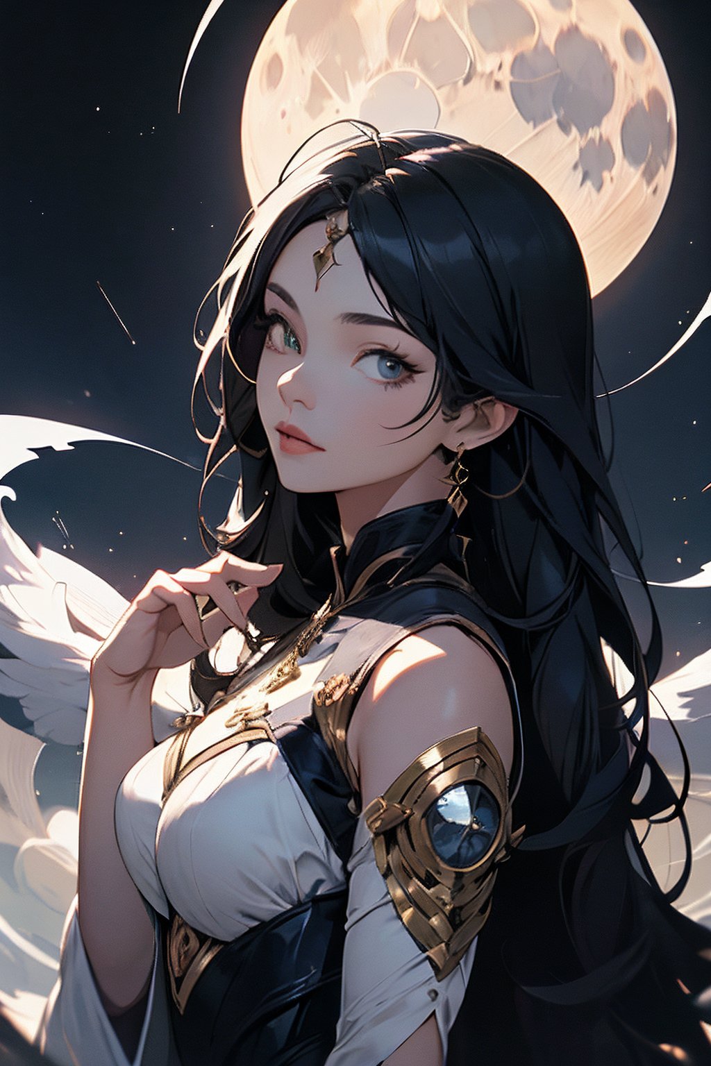 absurdres, highres, ultra detailed, (1girl:1.3), dressBREAK, rim lighting, warm tones, sun flare, soft shadowsBREAK, Design a moon goddess, with lunar-inspired attire, and a connection to the night sky.