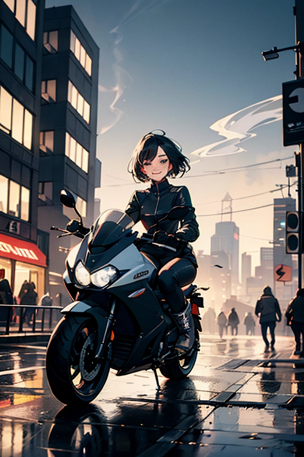 1girl, black_long_hair, boots, bridge, building, city, city_lights, cityscape, cyberpunk, ground_vehicle, motor_vehicle, motorcycle, night, smile, outdoors, puddle, black_footwear,((smoke)), riding, road, short_hair, solo, street,