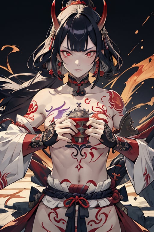 Shuten-doji, demon woman, Japan, terror, sake, mountains, warrior, Minamoto no Raiko, samurai, battle, invincibility, priestess, redemption, compassion, legend.(sharp claws:1.2),(red eyes),(tattoo:1.4), white and black hair, two-tone hair, disheveled hair,Super-detailed and realistic eyes,  Super-detailed and realistic body,super fine illustration,perfect anatomy,(masterpiece,ultra quality,ultla highres,32k,intricate detailed),{{{masterpiece}}}, {{{best quality}}}, {{ultra-detailed}}, {illustration}, {{an extremely delicate and beautiful}},