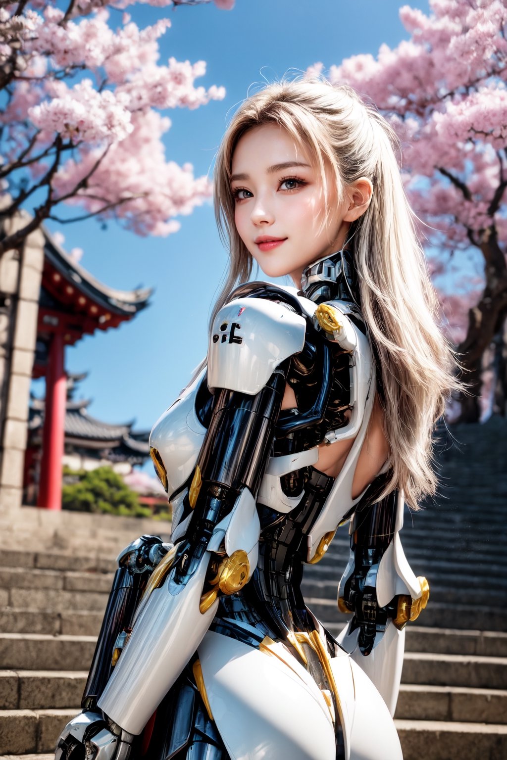 masterpiece, best quality, 1girl, yellow eyes, Beautiful face, delicate eyes, smile, long hair, white hair, tree, stairs, standing, sky, cherry blossoms, temple, looking at viewer, upper body, from below, looking back, ((Mecha)), young girl, Cyberpunk, CyberMechaGirl