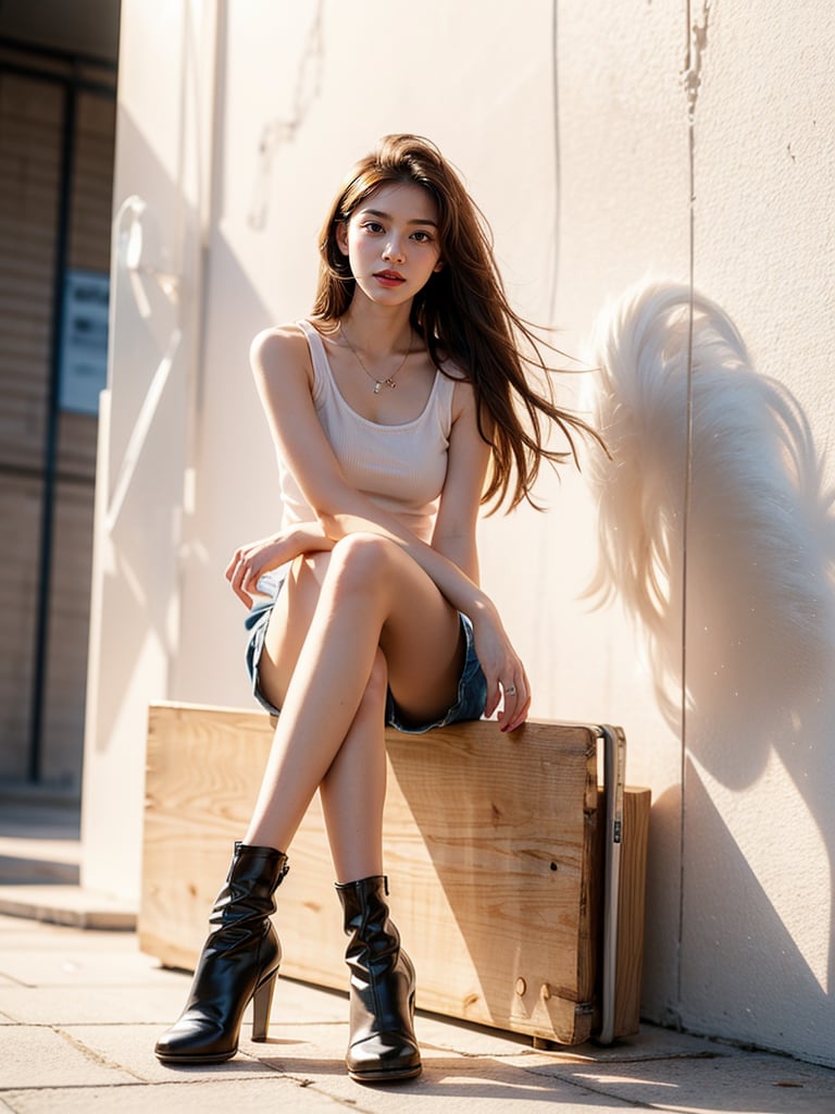 (masterpiece, top quality, best quality, 1girls, Korean, beautiful face, long hair, 19 years old, tank top, shorts, boots, sitting_down, cross legs, chair, (from below), white_wall,