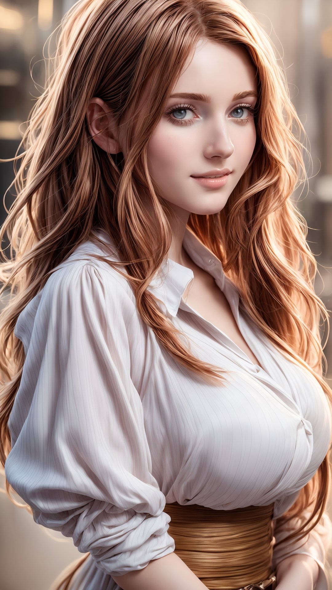 1girl, 18 years old, German girl, waist up portrait, art by Peach Momoko, digital art 8k, art by cameron gray, fantastic face, beautiful look, detailed hair, ultra focus, face illuminated, face detailed, 8k resolution, watercolor, razumov style. art by Razumov and Volegov, art by Carne Griffiths and Wadim Kashin rutkowski repin art station hyperrealism painting concept art of detailed character, 8k resolution blade runner, soft natural lighting, 16 years old, French student model named Marie: smooth soft skin, wearing highschool girl uniform, very huge breast, symmetrical, natural skin texture, soft lighting, showing her shoulders, detailed face, ginger long drill hair, bang, rosy pure skin, v-shaped slim face, rosy cheeks, cute bright smile showing her teeth, photorealism, soft pastel colors sparkling, cowboy shot, half-body shot, looking away, very sexy Mary,Japanese girl