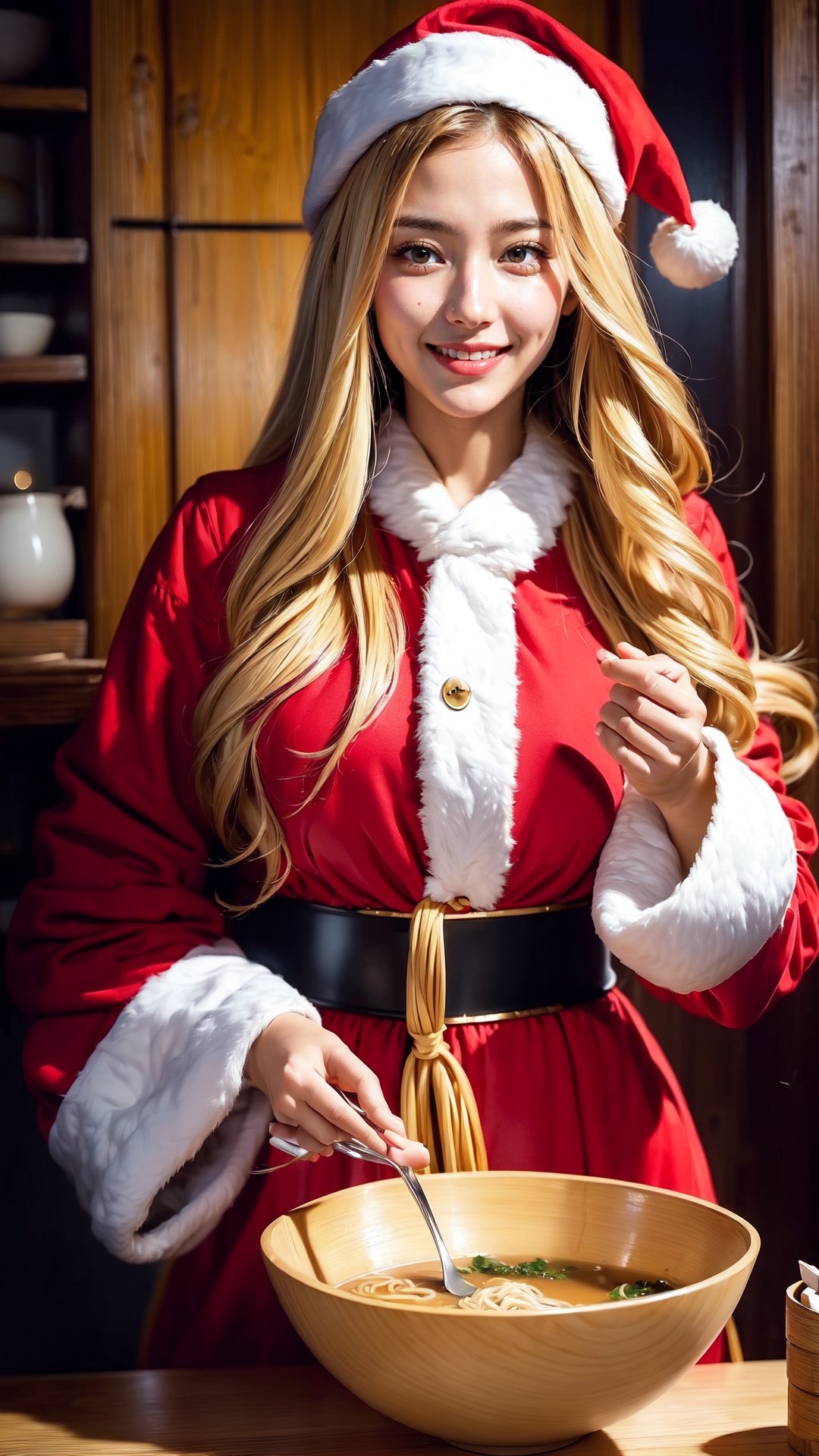 (Masterpiece, Top Quality, High Quality, Best Picture Score: 1.3), Perfect Beauty: 1.5, blonde hair, long hair, (Santa Claus costume), one person, eating ramen, ramen store, using a fork, using a bamboo ladle, not large bowl,Santa Claus,1 girl,1GIRL,young girl