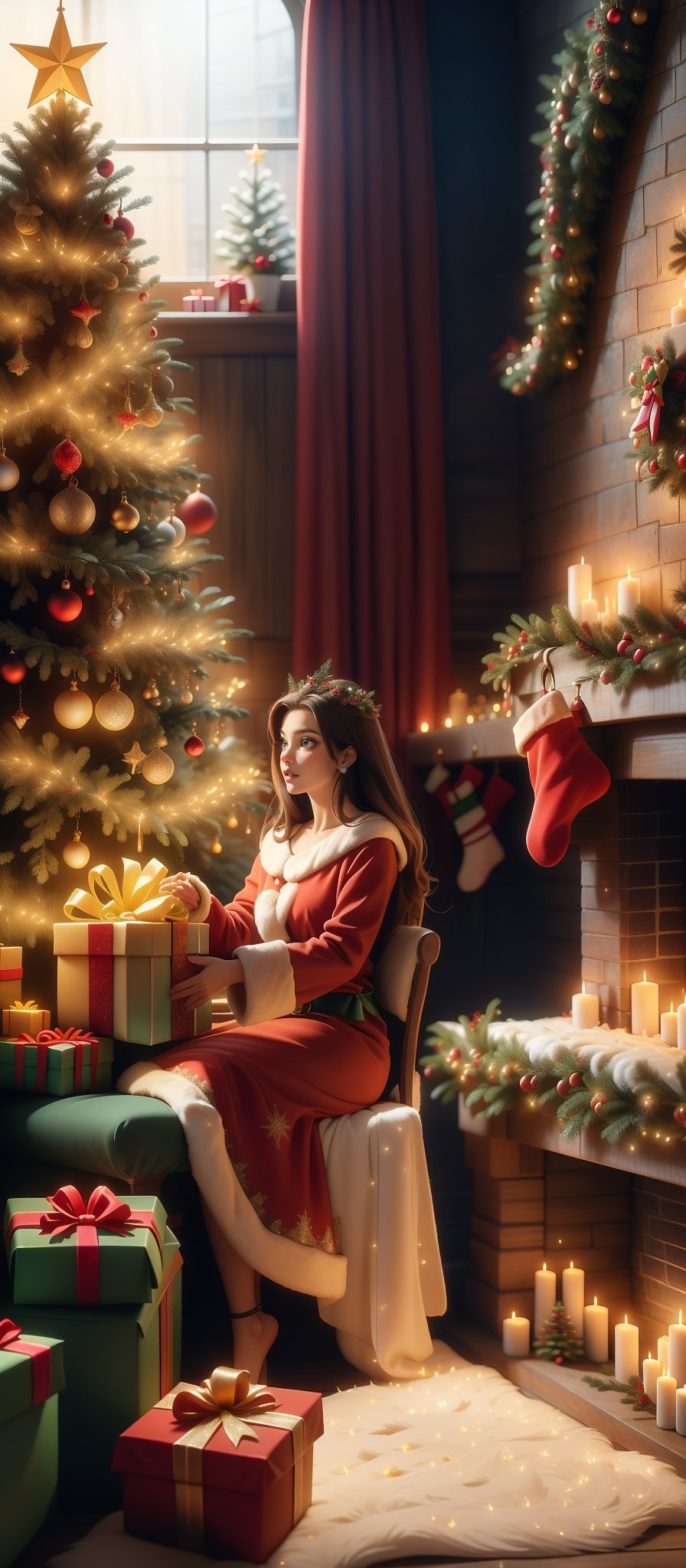 From below, Cinematic professional results, ultrarealistic hyperdetailed, Christmas wonder, beautiful woman decorating a Christmas tree with lights, bokeh, 8kUHD, brunette with long flowy hair,  seated on a Christmas gift,  wearing a red gown ,Christmas Room,Santa Claus