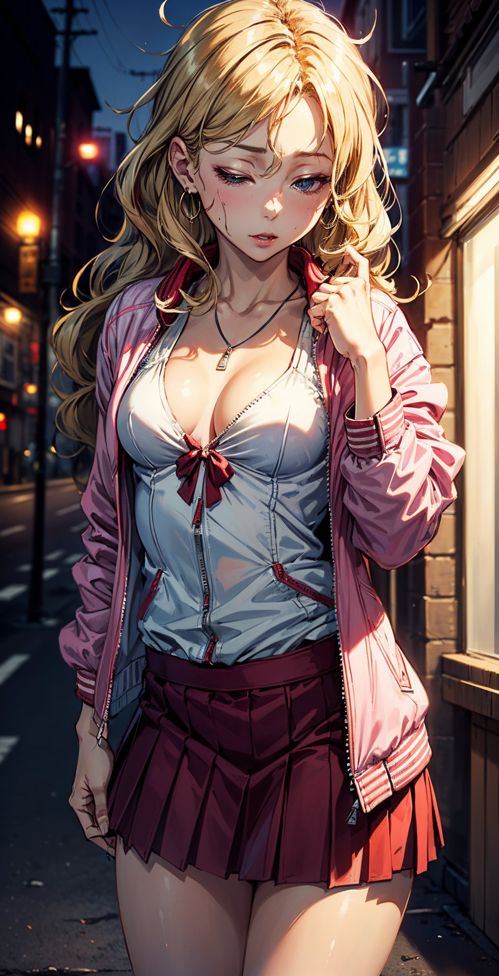 ((1mature lady:1.3, age of 45)), (standing on a dark street), (highway lights), (calm lighting), (night), sexy pose, (very delicate and beautiful work), (masterpiece), one girl, ((white shirt,red tie, red skirt, pink jacket:1.5,(open jacket:1.7))), very detailed and leaky waist, attractive look, beautifully clear eyes, ((blonde hair,long hair,hair between breast, messy hair, wavy hair:1.5)), delicate necklace, delicate earrings, simple blurred background, extreme detailed description, beautiful, attractive, Super fine painting, pretty face, big, fine body, fine, beautiful lips, smooth ass, mix4, (8k, RAW photo, top quality, masterpiece: 1.37), (realistic, realistic: 1.37), one girl, cute, cityscape, night, humidity, professional lighting, photon mapping, radiation, physics cs-based rendering, ((tiny_breasts:1.7)),hands_on_jacket,((drunk:1.9)),