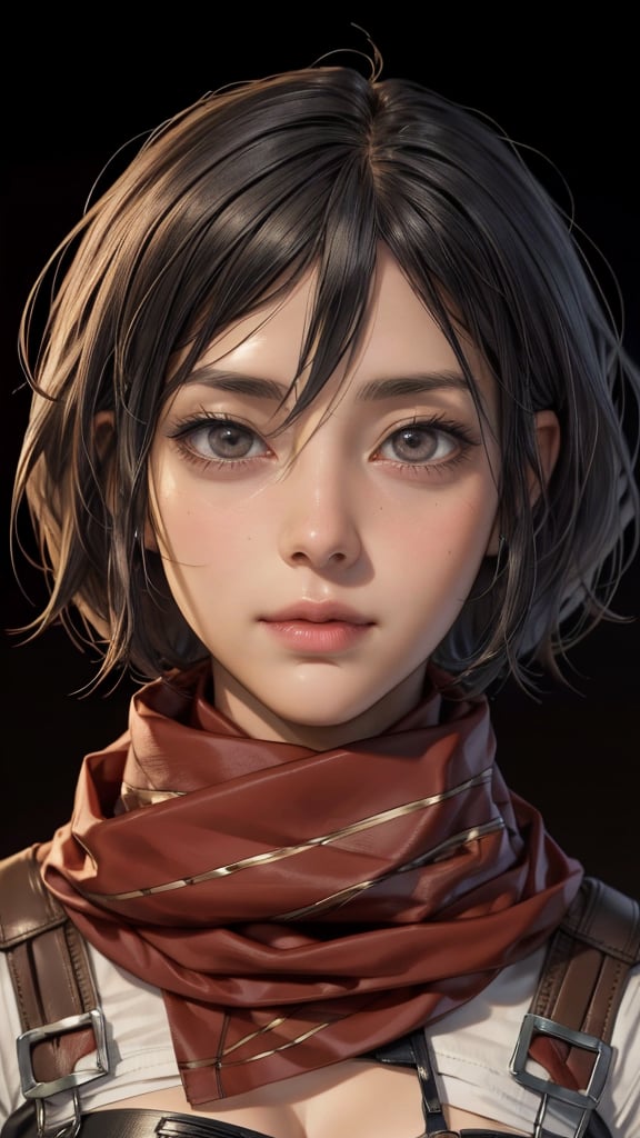 {{{masterpiece}}}, {{{best quality}}}, {{{ultra-detailed}}}, {cinematic lighting}, {illustration}, 1girl, hmmikasa, mikasa, short hair,wavy hair, black eyes, scarf, emblem, brown  jacket, belt, red scarf, sexy small breasts, 3DMM, bilateral symmetry, facing camera, black background, hmmikasa, nsfw, 