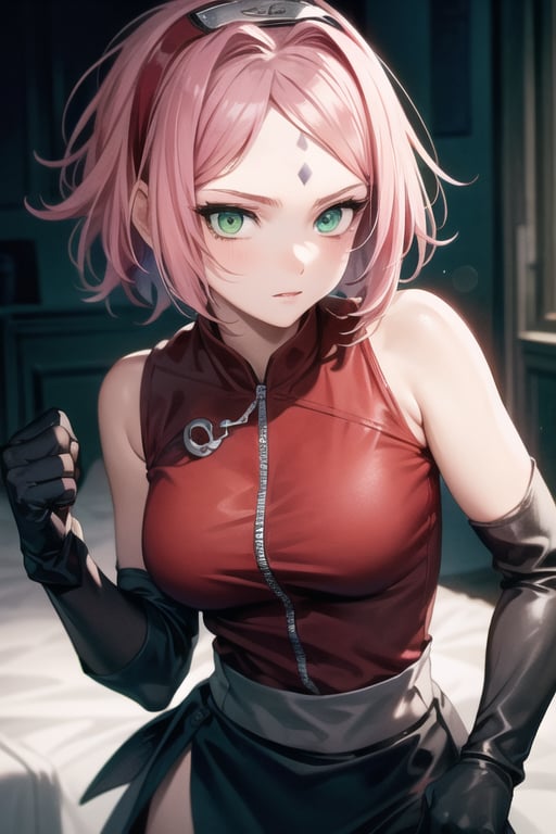 {{{masterpiece}}}, {{{best quality}}}, {{{ultra-detailed}}}, {cinematic lighting}, {illustration}, 1girl, sakura haruno, (green eyes:1.5), konoha sign on hairban, short hair, pink hair, bare shoulders, black skirt, black gloves, diamond mark on forehead, gloves, gloves, konohagakure symbol, ninja, (red shirt:1.5), shirt, sleeveless, sleeveless shirt,sexy breasts, cleavagei, pretty face, pretty eyes, nice hands,  perfect body, bedroom, standing,bedroom_eyes,facing_viewer,