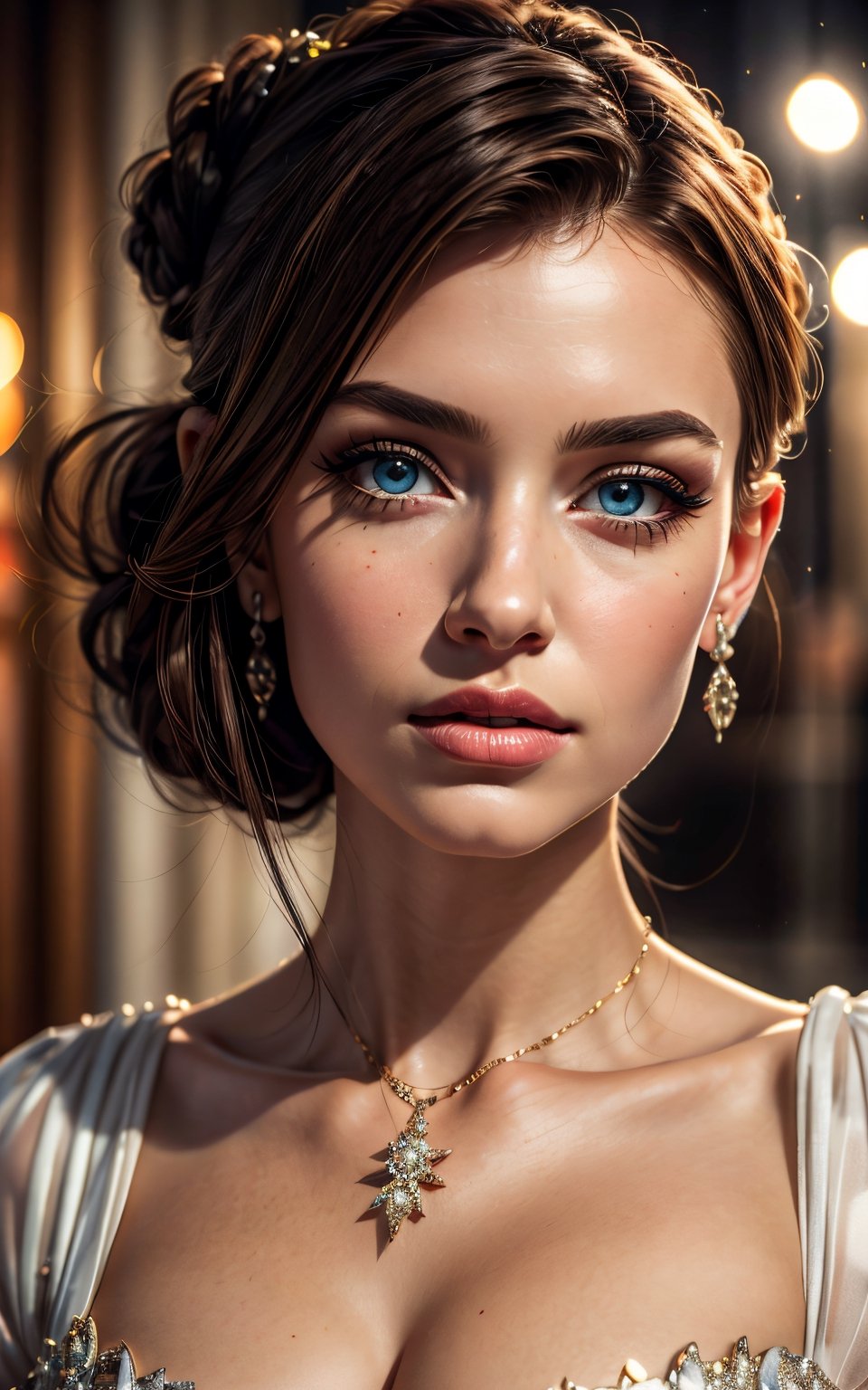 (4k), (masterpiece), (best quality),(extremely intricate), (realistic), (sharp focus), (award winning), (cinematic lighting), portrait of a girl, the most beautiful in the world, very high quality model, perfect lips, perfect nose, perfect eyes, professional photograph of a stunning woman detailed, princess dress, huge diamond necklace, diamond earrings, hair tied with diamond pins