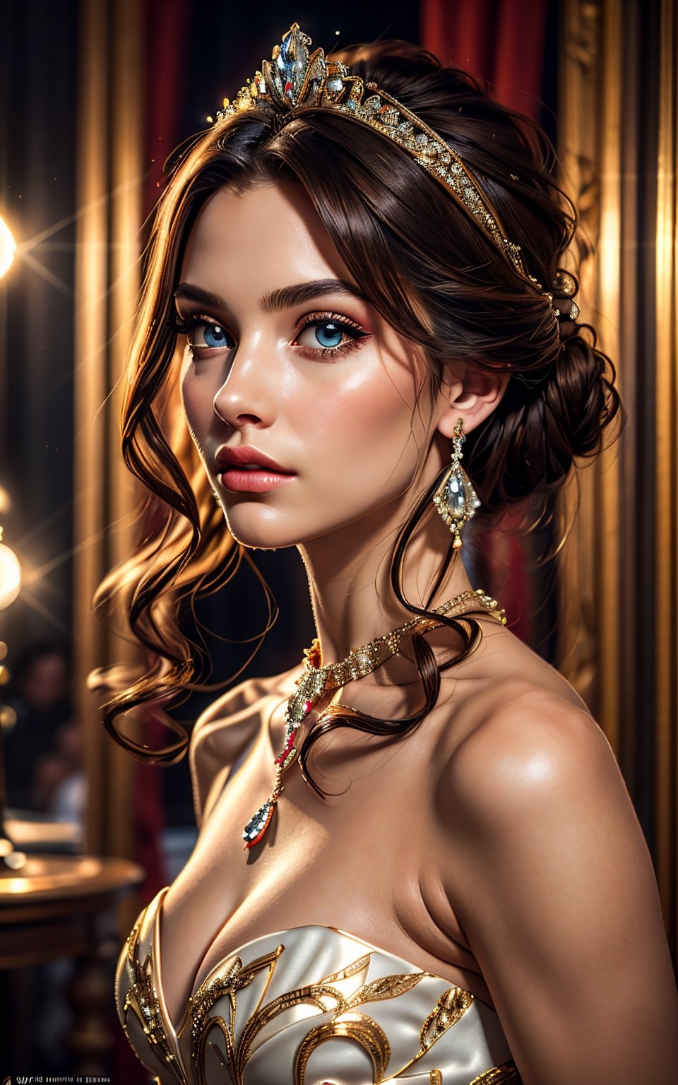 (4k), (masterpiece), (best quality),(extremely intricate), (realistic), (sharp focus), (award winning), (cinematic lighting), portrait of a girl, the most beautiful in the world, very high quality model, perfect lips, perfect nose, perfect eyes, professional photograph of a stunning woman detailed, princess dress, diamond necklace, diamond earrings, hair tied with diamond pins