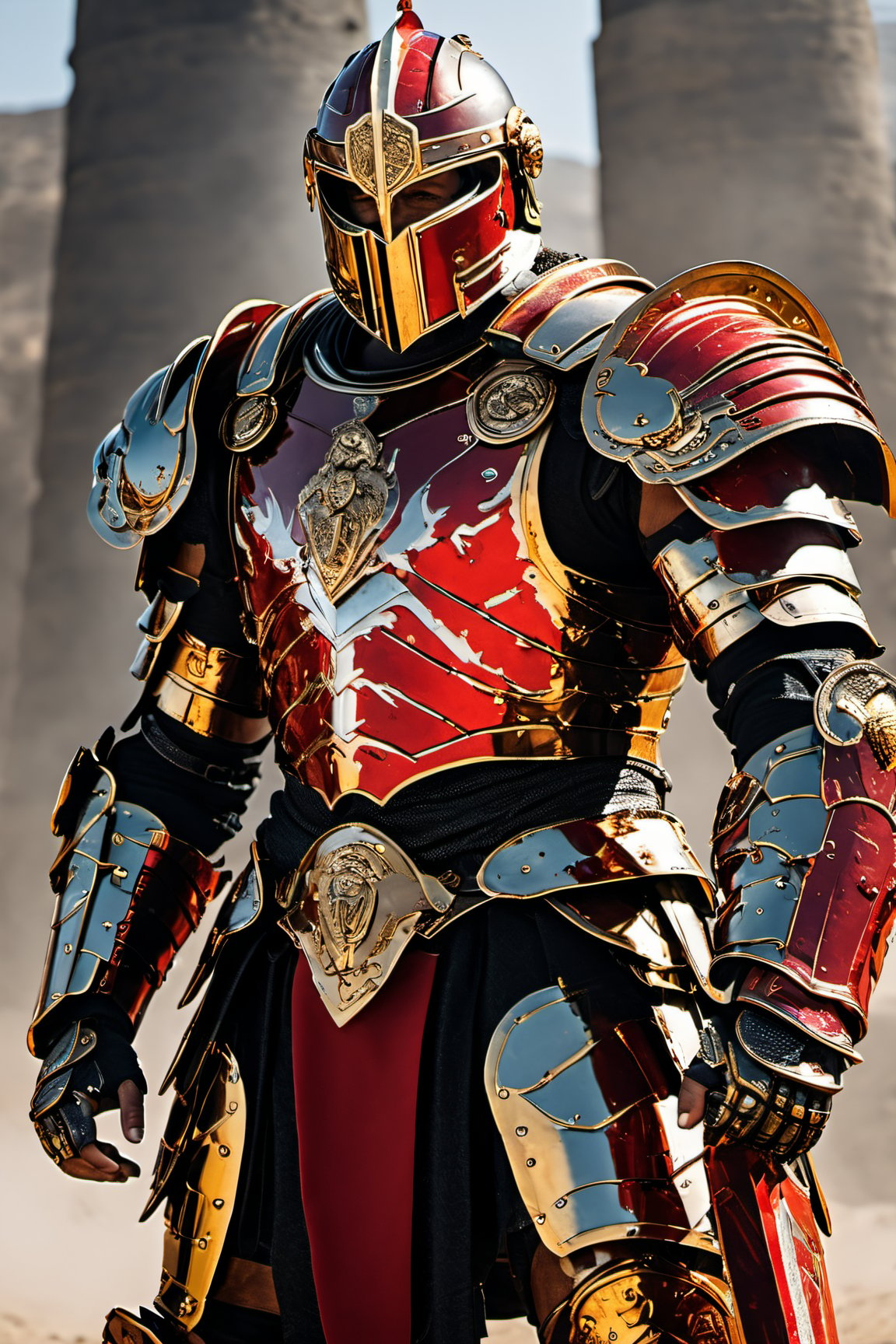 (masterpiece, best quality), roman gladiator, red ed gold armor ,Movie Still,mecha,cyborg style