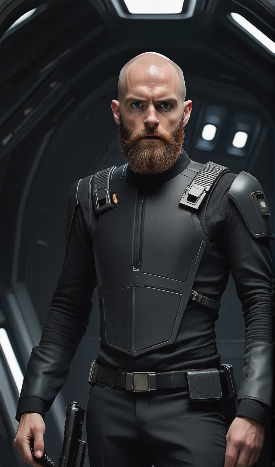 European bearded face, 30 years old bald, detailed skin with delicate freckles, walking with a sci-fi Gun and a really angry pose inside a black sci-fi spaceship, detailed eyes, wearing a black formal ourfit, perfect body shape, ifghting pose, single light glowing behind him