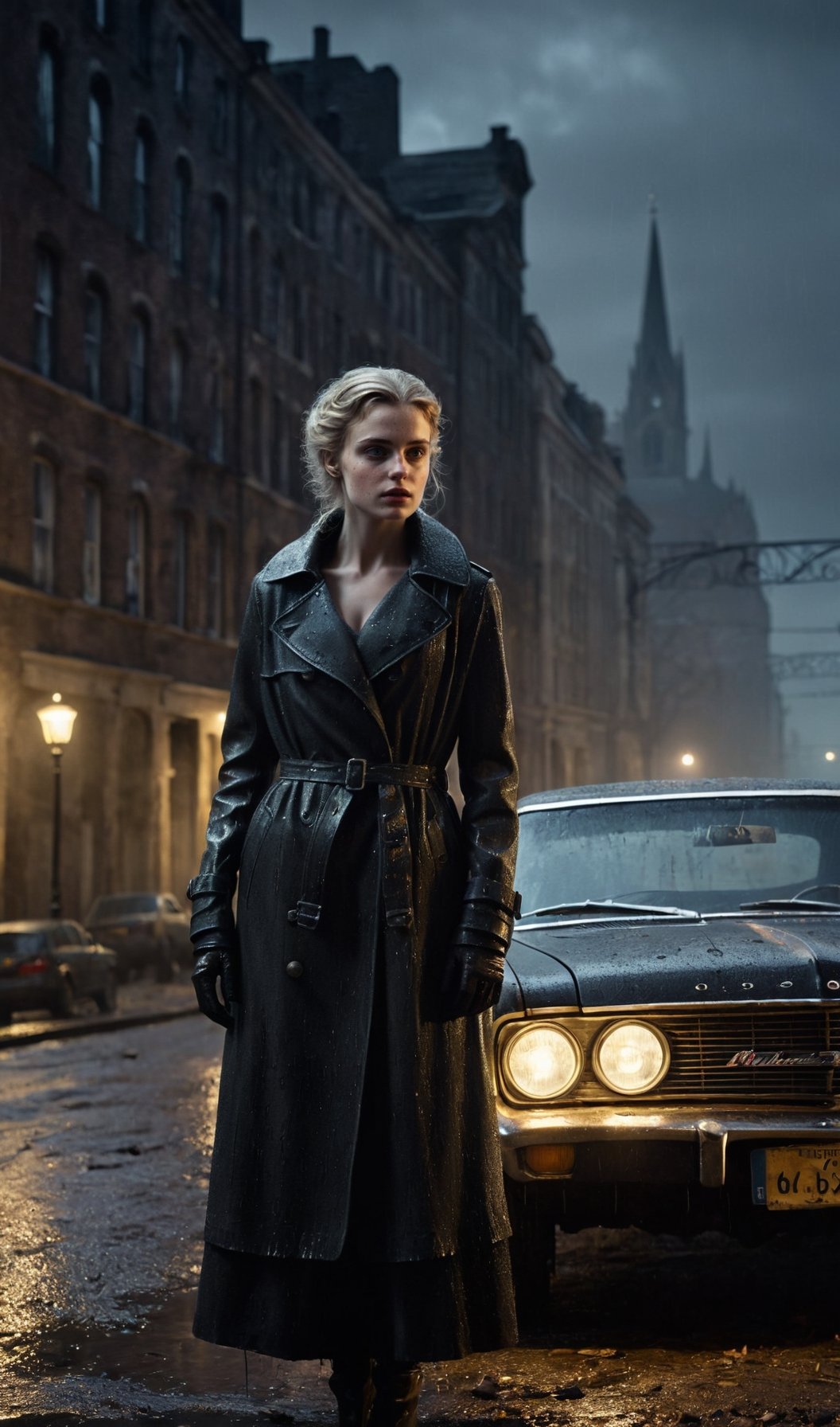 ((a girl wearing a short rain coat, standing by the car , perfect body, High-heel platform, beautiful European face, 25 years old, detailed skin with delicate freckles, detailed eyes, detailed hair))


In this hauntingly cinematic and professionally composed photograph, we zoom in on the face of an alluring woman standing amidst the eerie tranquility of a cemetery nestled deep within the heart of a rain-soaked ruin city. The image is shrouded in a dense, foreboding atmosphere, with raindrops prevailing, casting long, ominous shadows and adding an air of profound sadness and dread. The woman, dressed in a tattered raincoat, occupies the foreground of the frame. Her features are barely discernible in the diffused, dim light filtering through the remnants of the city overhead. Her deep, haunting eyes, framed by long lashes, gaze directly at the viewer, revealing a sense of profound contemplation and grief, tinged with an unsettling intensity. Her pallid skin, kissed by the rain, carries an otherworldly quality, accentuating her eerie appearance. There's a look of allure to her face, yet it's now veiled in a palpable sense of unease. A few strands of disheveled hair fall across her face, adding to the unsettling authenticity of the moment. The backdrop is a tapestry of decaying ruins, with dilapidated structures and twisted remnants of the city barely visible in the periphery. The remnants of the city surround the cemetery, creating a chilling cocoon of solitude in which the woman's emotions are laid bare. This close-up shot captures the raw intensity of the woman's emotions and adds a layer of eerie intimacy to the narrative. It invites viewers to explore the depths of her tormented soul as she grapples with the profound mysteries of life, death, and the haunting beauty of the rain-soaked ruin city.

In the captivating stillness of the photograph, a vintage black 60s car stands as a haunting silhouette against the backdrop of this urban wasteland. Bathed in the feeble glow of distant streetlights, the car exudes an air of mystery and malevolence, reminiscent of a forgotten nightmare. The cinematic composition captures the essence of a dark, noir nightmare, with raindrops playing sinisterly on the car's corroded curves. The rain enveloping the scene adds a touch of morbid intrigue, casting an enigmatic veil over the vehicle's rusted exterior. The play of sinister light and shadow creates a chiaroscuro effect, enhancing the car's ghastly allure. The cityscape in the background, shrouded in ominous darkness, sets the stage for a scene straight out of a horror film. As you gaze at the photo, you can almost hear the haunting echoes of dissonant melodies, adding a nightmarish soundtrack to this cinematic tableau. The black 60s car becomes a spectral protagonist, a symbol of decay and malevolence frozen in the frame, inviting the viewer to step into the eerie narrative of a macabre noir nightmare.

In this hauntingly cinematic and professionally composed photograph, we zoom in on the face of an alluring woman standing amidst the eerie tranquility of a cemetery nestled deep within the heart of a rain-soaked ruin city. The image is shrouded in a somber and melancholic atmosphere, with raindrops prevailing, casting long shadows and adding an air of profound sadness. The woman, dressed in a muted rain coat, occupies the foreground of the frame. Her seductive features are highlighted by the diffused, soft rain that filters through the remnants of the city overhead. Her deep, melancholic eyes, framed by long lashes, gaze directly at the viewer, revealing a sense of profound contemplation and grief. Her skin, kissed by the rain, carries an ethereal quality, accentuating her alluring appearance. There's a look of allure to her face, yet it's tinged with an undeniable sense of sorrow. A few strands of tousled hair fall across her, adding to the authenticity of the moment. The backdrop is a tapestry of the ruins, with hints of dilapidated structures and twisted remnants of the city barely visible in the periphery. The remnants of the city surround the cemetery, creating a cocoon of solitude in which the woman's emotions are laid bare. This close-up shot captures the raw intensity of the woman's emotions and adds a layer of intimacy to the narrative. It invites viewers to explore the depths of her soul as she grapples with the profound mysteries of life, death, and the haunting beauty of the rain-soaked ruin city.

In the captivating stillness of the photograph, a vintage black 60s car stands as a timeless icon against the backdrop of this urban landscape. Bathed in the glow of ambient streetlights, the car exudes an air of mystery and nostalgia, reminiscent of a bygone era. The cinematic composition captures the essence of classic film noir, with raindrops playing coyly on the car's sleek curves. The rain enveloping the scene adds a touch of intrigue, casting an enigmatic veil over the vehicle's polished exterior. The play of light and shadow creates a chiaroscuro effect, enhancing the car's retro allure. The cityscape in the background, shrouded in muted tones, sets the stage for a scene straight out of a vintage thriller. As you gaze at the photo, you can almost hear the distant echoes of jazz melodies from the 60s, adding a soulful soundtrack to this cinematic tableau. The black 60s car becomes a silent protagonist, a symbol of elegance and mystery frozen in the frame, inviting the viewer to step into the narrative of a classic noir film..,p3rfect boobs,cleavage,photo r3al,Wonder of Beauty,dazr3pl1ca,uwudemon,underwater,fire element