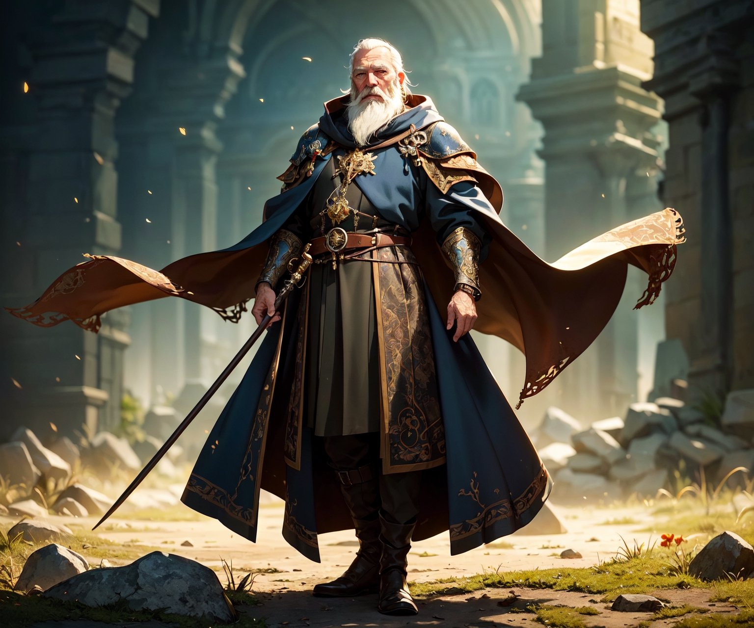 (masterpiece, best quality:1.4), (beautiful, aesthetic, perfect, delicate, intricate:1.2), (fantasy, medieval), old man wizard, long white beard, ornate delicate cloak, (warlock wizard armor), full body shot, (cowboy shot), (dark theme),