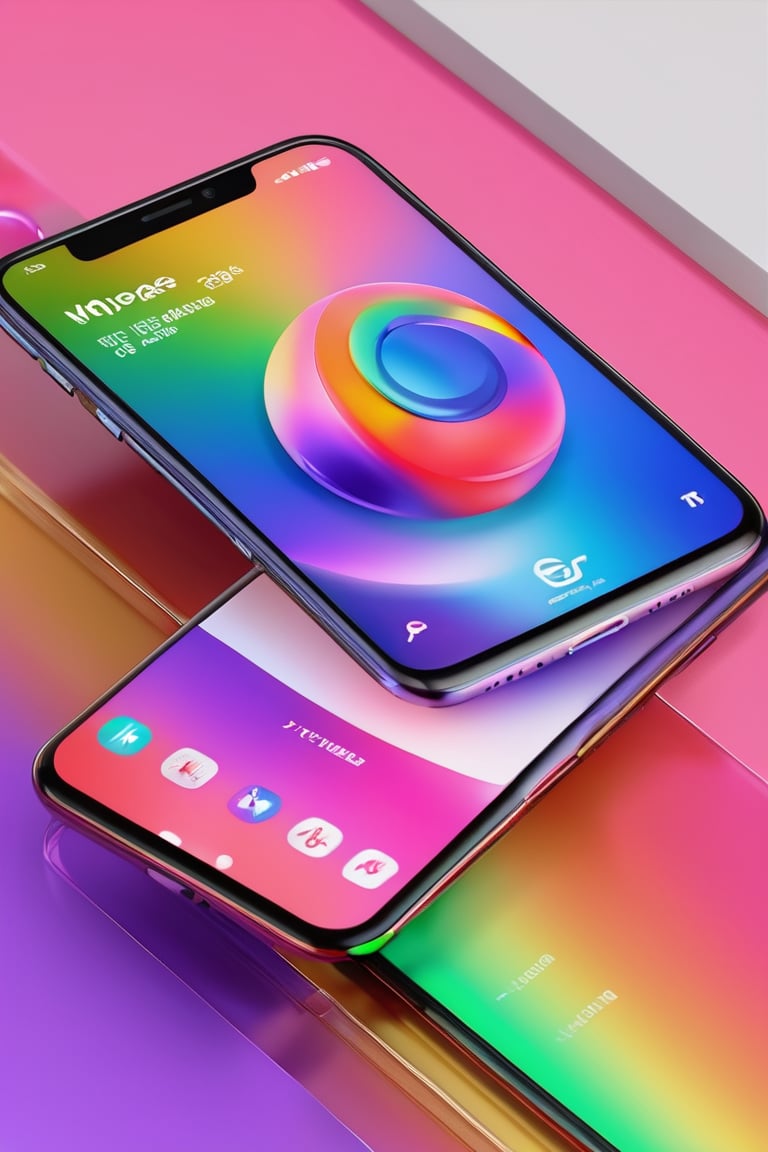 3d render concept art, octane, redshift, unreal engine 5, minimalistic, realistic, web interface, ux ui design, 1smartphone, presentation, idea, cinema 4d, figma, gradient, (rainbow, rainbow phone, glass, glassmorphism, dispersion:1.5)