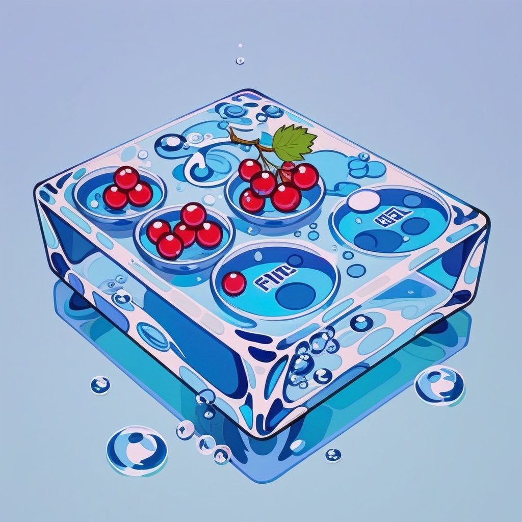 glass game console with water and currant, fat stroke, minimalistic, stylized, cold colors, ohwx style
