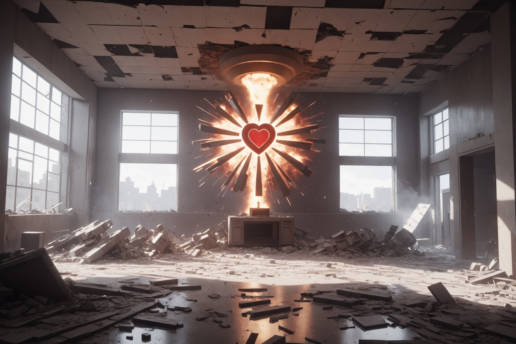 (atomic heart game), volumetric light, fractals, explosion, epic heatwave, epic shockwave, soundwave, brutalism, (USSR poster style:1.3), building destruction, avengers style, Movie Still