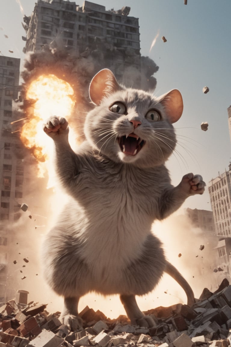 giant mouse cat [mouse: cat: 0.5], advertising, volumetric light, fractals, explosion, epic heatwave, epic shockwave, pieces of meat around, soundwave, (USSR poster style:1.3), building destruction, avengers style, Movie Still,Movie Still,Film Still