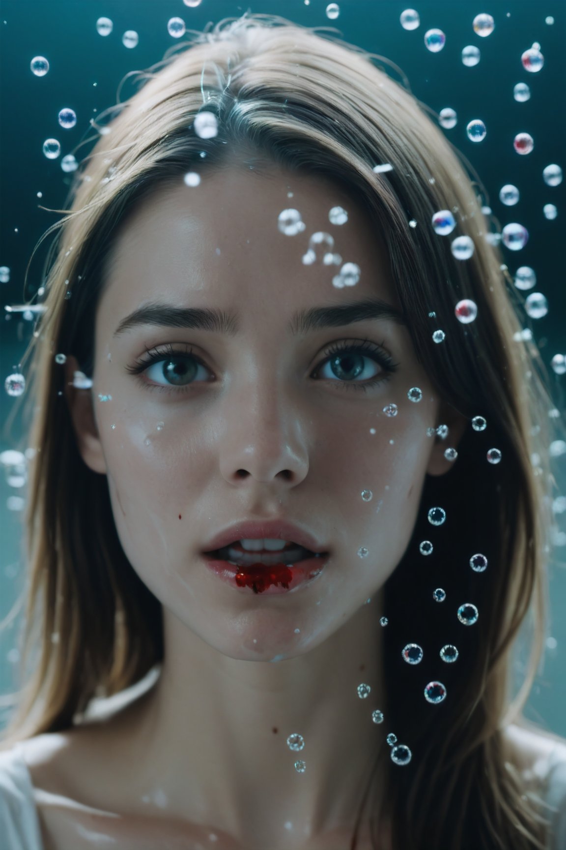 beautiful girl with flying glass (dispersion, refraction, caustics:1.3), (blood:1.3) on face,Movie Still,Film Still